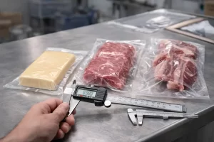 Medición de micras en bolsas al vacío con alimentos sellados, ejemplo de cómo elegir la bolsa al vacío adecuada en empaque industrial de Videci