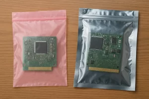 Bolsa disipativa rosa y bolsa de blindaje metalizada, cada una con un PCB en su interior, sobre superficie de madera