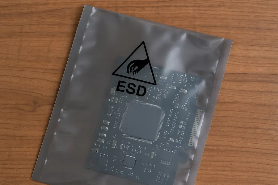 Placa electrónica dentro de una bolsa antiestática ESD de videci