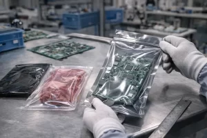 Empaque de tarjetas electrónicas en bolsas antiestáticas ESD metalizadas sobre mesa de ensamble, protección de componentes con soluciones Videci