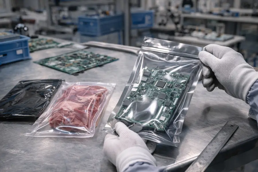 Empaque de tarjetas electrónicas en bolsas antiestáticas ESD metalizadas sobre mesa de ensamble, protección de componentes con soluciones Videci