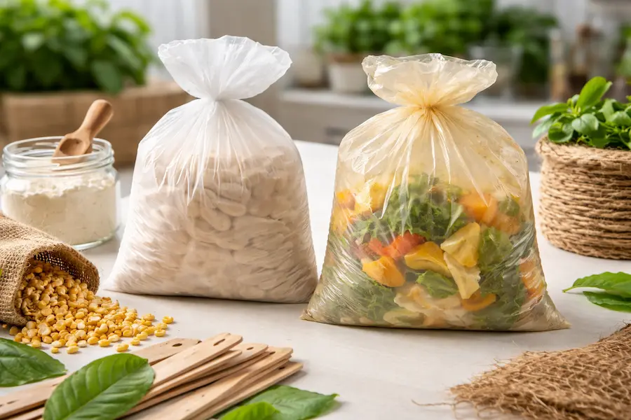 Bolsas biodegradables y compostables con residuos orgánicos y alimentos, ejemplo de empaque ecológico para empresas fabricado por Videci