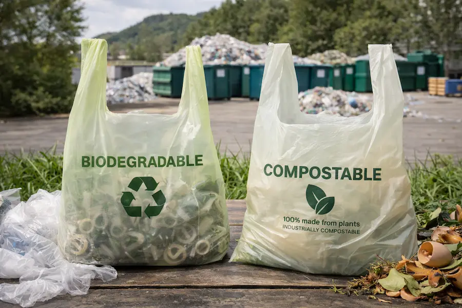comparación entre bolsas biodegradables y compostables en un entorno de reciclaje y sostenibilidad