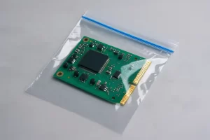Placa electrónica dentro de una bolsa plástica común tipo ziploc sobre fondo gris.