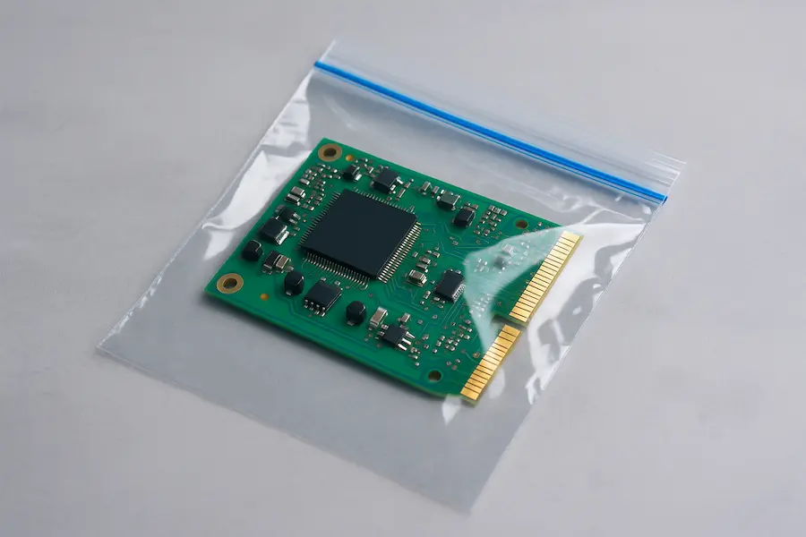 Placa electrónica dentro de una bolsa plástica común tipo ziploc sobre fondo gris.
