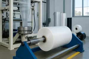 Rollos de polietileno en proceso de extrusión dentro de una fábrica moderna, mostrando maquinaria industrial y ambiente limpio, representando la producción de bolsas de plástico en Querétaro.