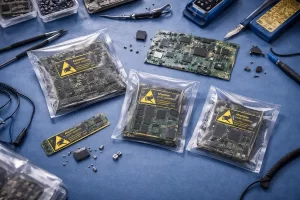 bolsas esd antiestáticas con circuitos electrónicos sobre mesa de trabajo para protección contra descargas electrostáticas