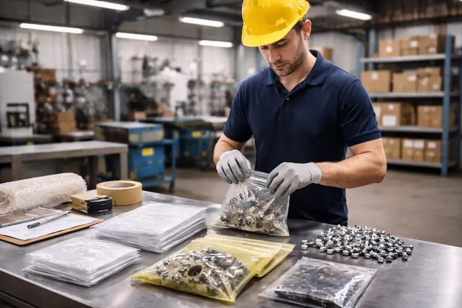 operario empacando piezas metálicas en bolsas de polietileno en una planta industrial