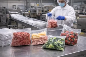 bolsas de polietileno grado alimenticio con alimentos frescos en una planta de procesamiento alimentario