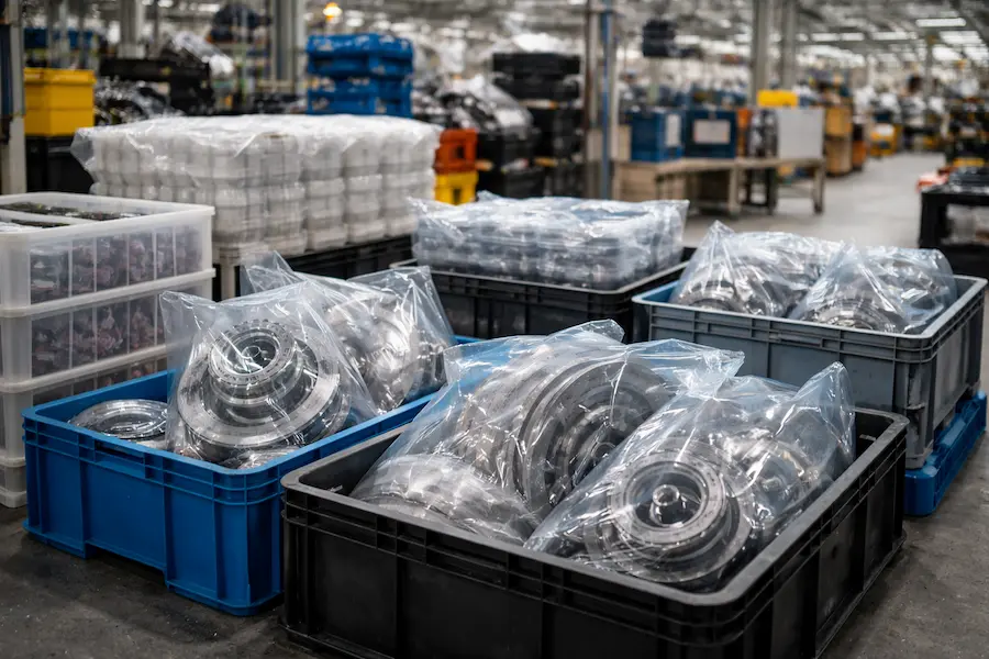 Bolsas de polietileno en industria automotriz protegiendo piezas metálicas en planta de producción
