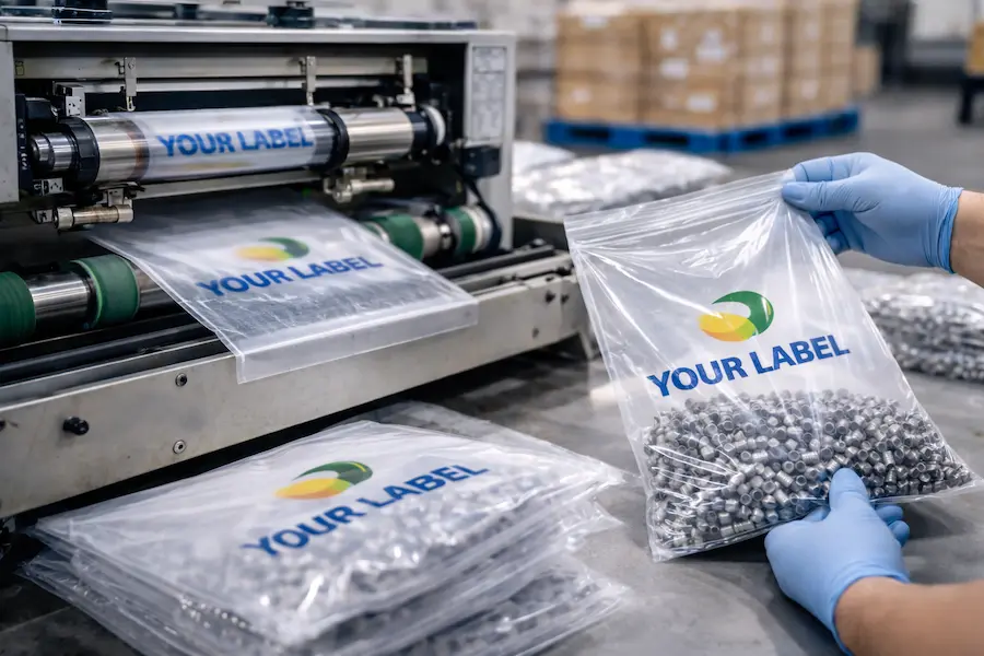 Bolsas de polietileno personalizadas en proceso de impresión industrial para empaque B2B
