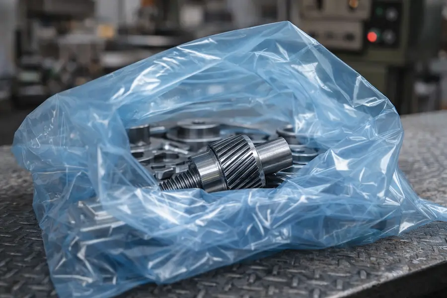Piezas metálicas protegidas con bolsas VCI anticorrosivas en mesa industrial, empaque preventivo contra oxidación fabricado por Videci