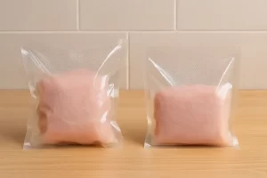 Comparación entre una bolsa de alto vacío inflada y otra bien sellada sobre una superficie de cocina.