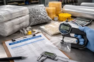 Calcular calibre de bolsa de polietileno con medidor de grosor en entorno industrial