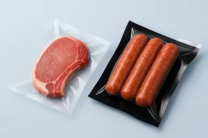 Corte de carne y embutidos empacados al vacío, uno en bolsa transparente y otro en bolsa de fondo negro, mostrando diferentes tipos de empaque para conservar productos cárnicos, Videci.