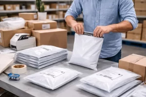 Empaque para ecommerce en México 2026 con bolsas de envío en proceso de preparación de pedidos