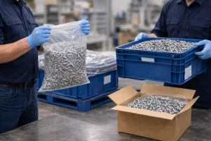 Comparación de empaque flexible vs empaque rígido en industria con piezas metálicas en almacén