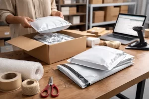 proceso de empaque para ecommerce con bolsas de mensajería y materiales de envío en estación logística