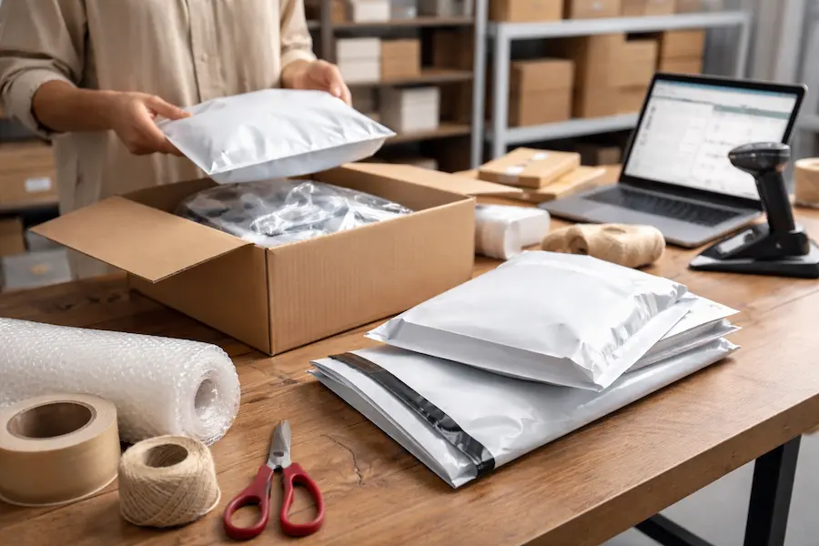 proceso de empaque para ecommerce con bolsas de mensajería y materiales de envío en estación logística