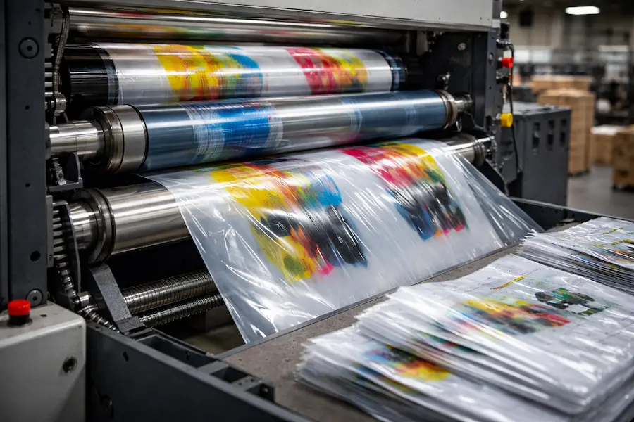 máquina flexográfica imprimiendo bolsas de polietileno en línea de producción industrial