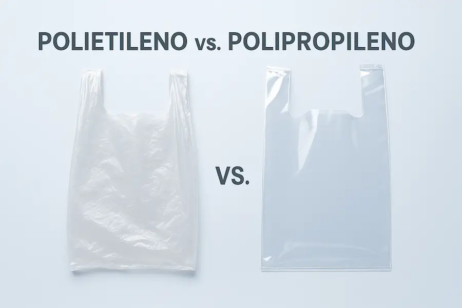 Comparación visual entre una bolsa de polietileno (PE) flexible y una bolsa de polipropileno (PP) rígida, videci
