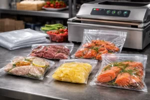 Bolsas al vacío con alimentos sellados correctamente en cocina industrial, demostración de empaque hermético con materiales de Videci