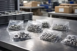 Piezas metálicas pequeñas empaquetadas en bolsas VCI sobre mesa industrial para prevenir la oxidación durante el almacenamiento