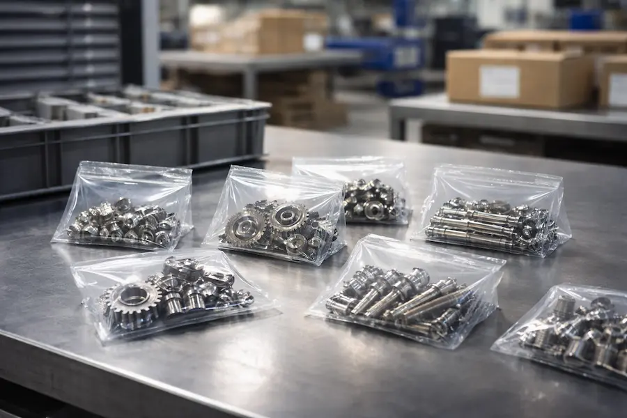 Piezas metálicas pequeñas empaquetadas en bolsas VCI sobre mesa industrial para prevenir la oxidación durante el almacenamiento