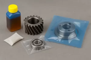 Métodos para prevenir la oxidación en metales: aceite protector, desecantes, empaque sellado y pieza en bolsa VCI.