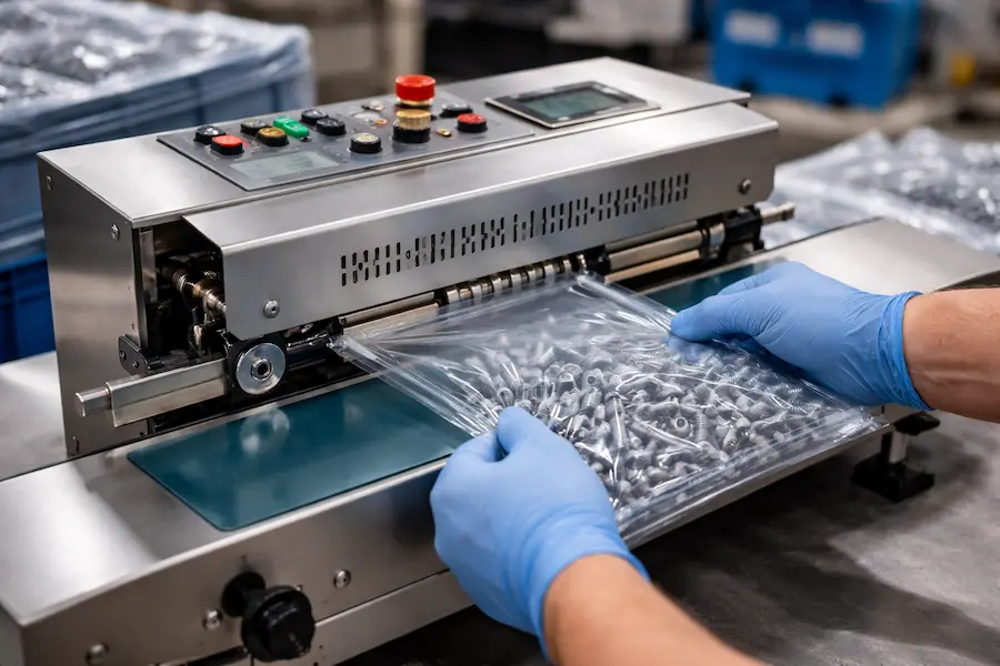 Sellado hermético industrial de bolsa de polietileno con selladora térmica en proceso de producción