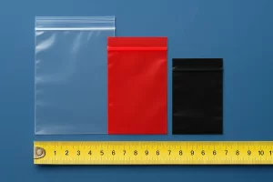 Tres bolsas plásticas de distintos tamaños y colores (transparente, roja y negra) alineadas sobre fondo azul con una cinta métrica amarilla debajo, mostrando comparación visual de medidas y calibres.